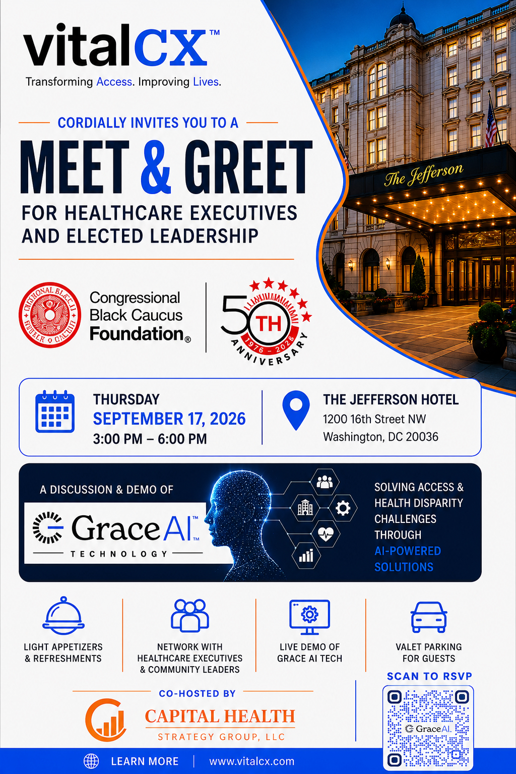 Invitation: VitalCX Meet & Greet for healthcare executives and elected leadership, Thursday September 17, 2026, 3:00-6:00 PM at The Jefferson Hotel, Washington, DC — co-hosted by Capital Health Strategy Group, LLC